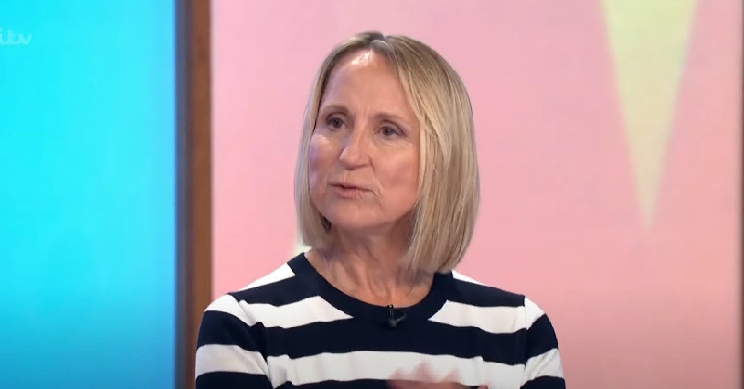 Carol McGiffin talking in striped top on Loose Women