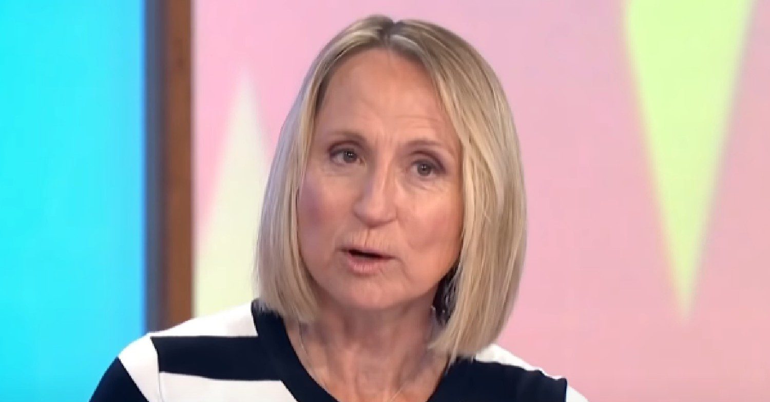 Carol McGiffin talking in striped top on Loose Women
