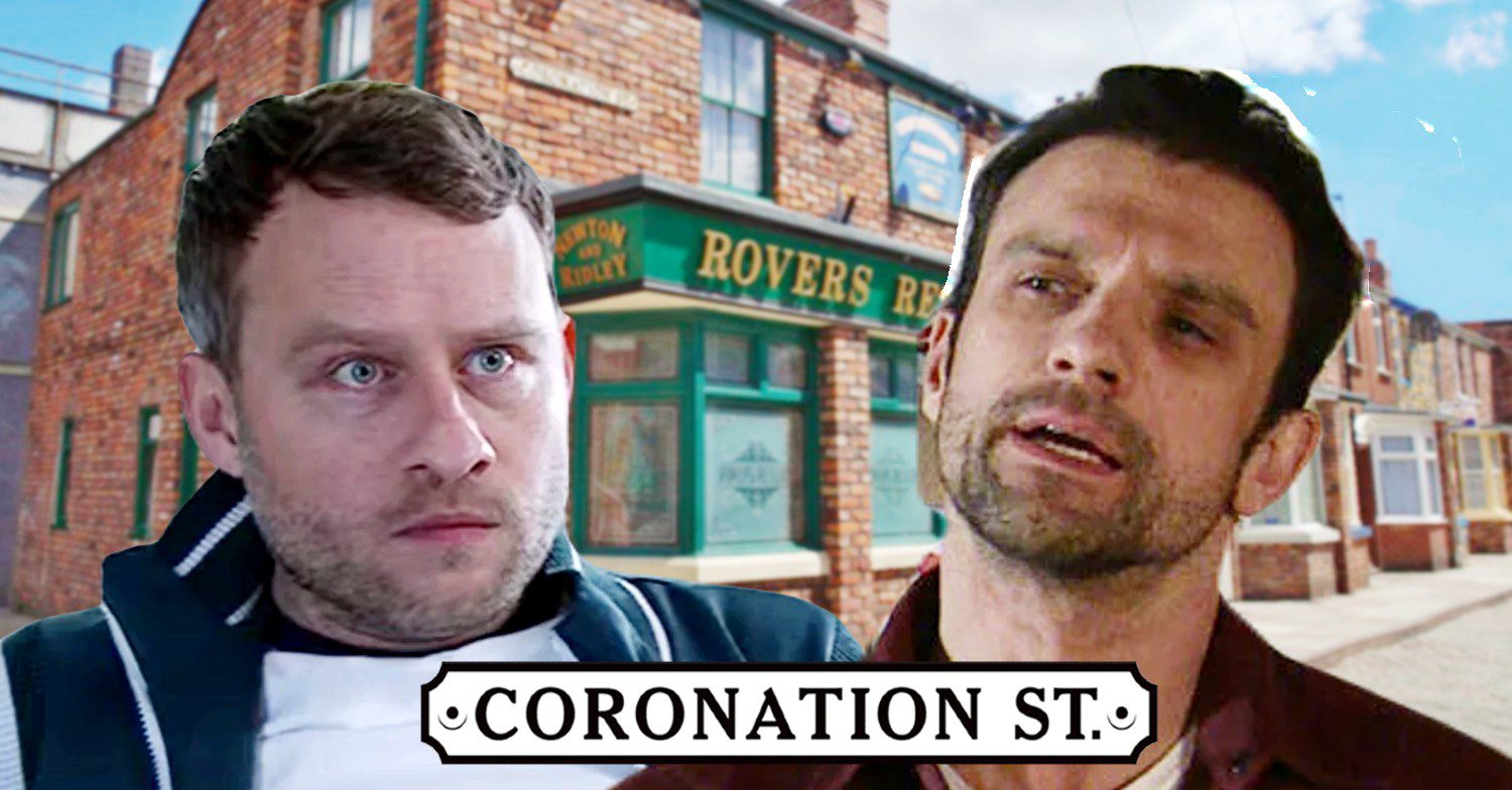 Paul and Damon in Coronation Street;; against Rovers background, show logo inset (Credit: ITV/Composite: Entertainment Daily)