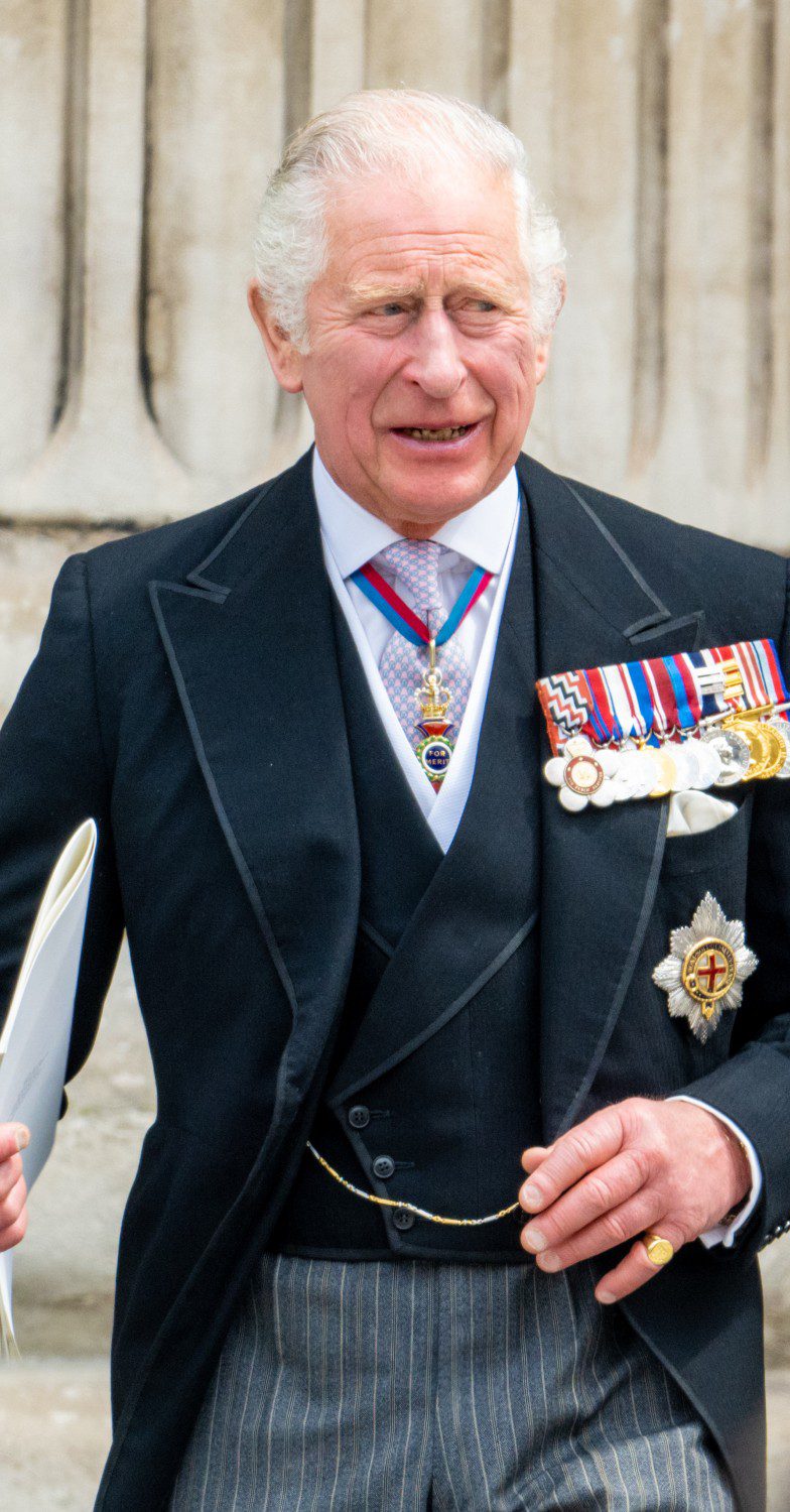 King Charles smiling with suit and medals