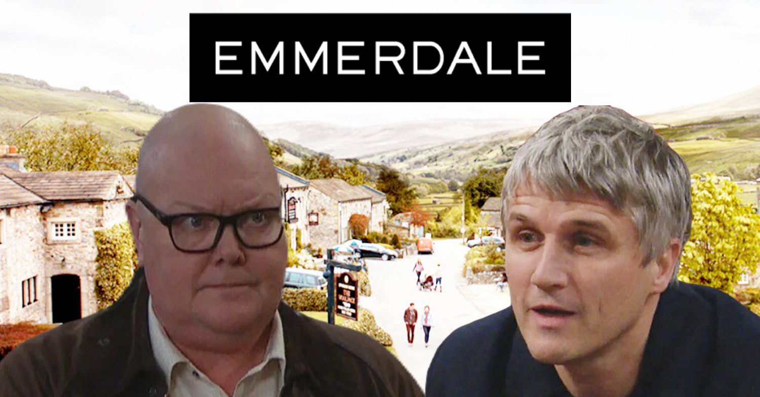 Composite image of Paddy and Caleb on Emmerdale; Paddy looking suspicious and Caleb shifty (Credit: ITV/Composite: Entertainment Daily)