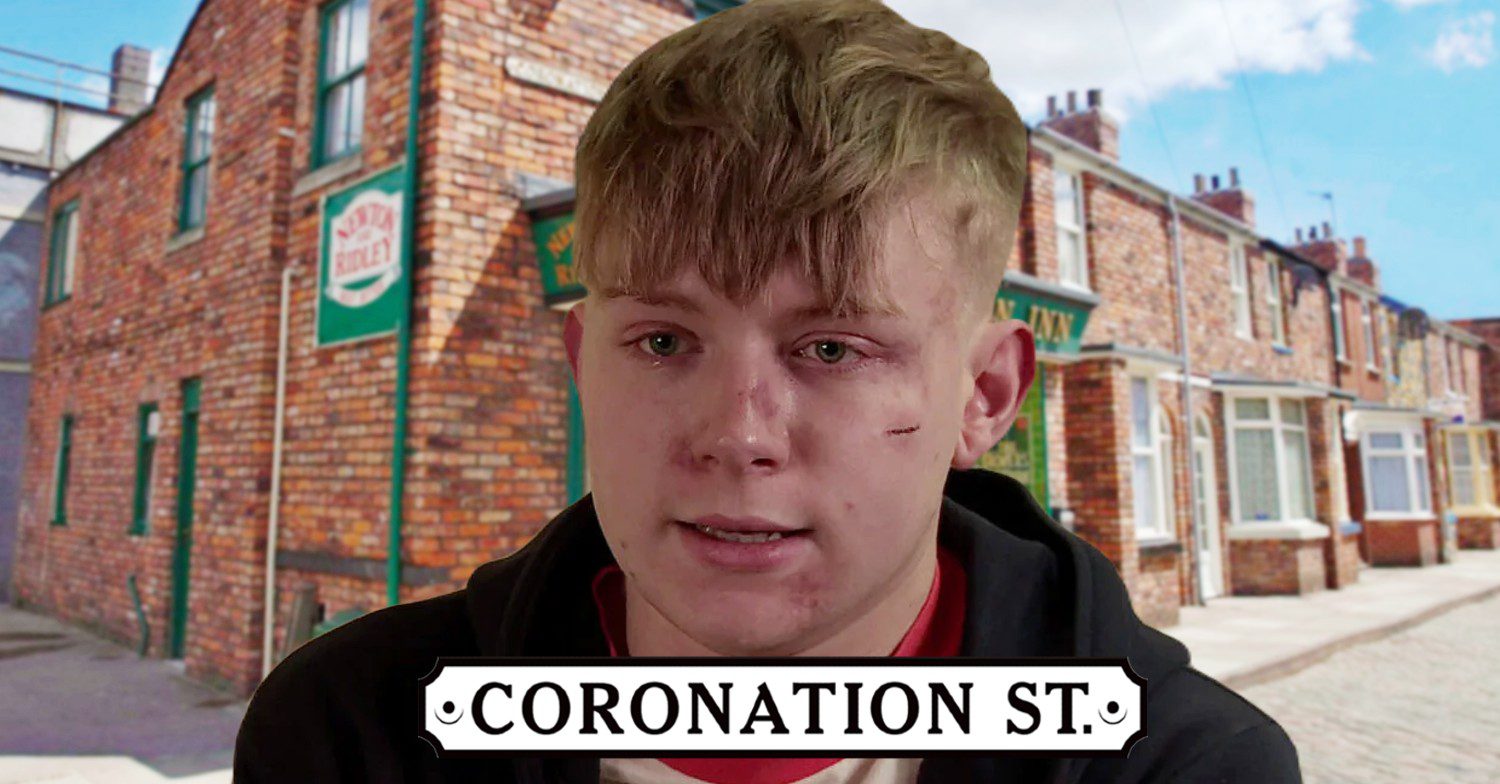 Max, bruised and crying, against Rovers background and Coronation Street logo (Credit: ITV/Composite: Entertainment Daily)