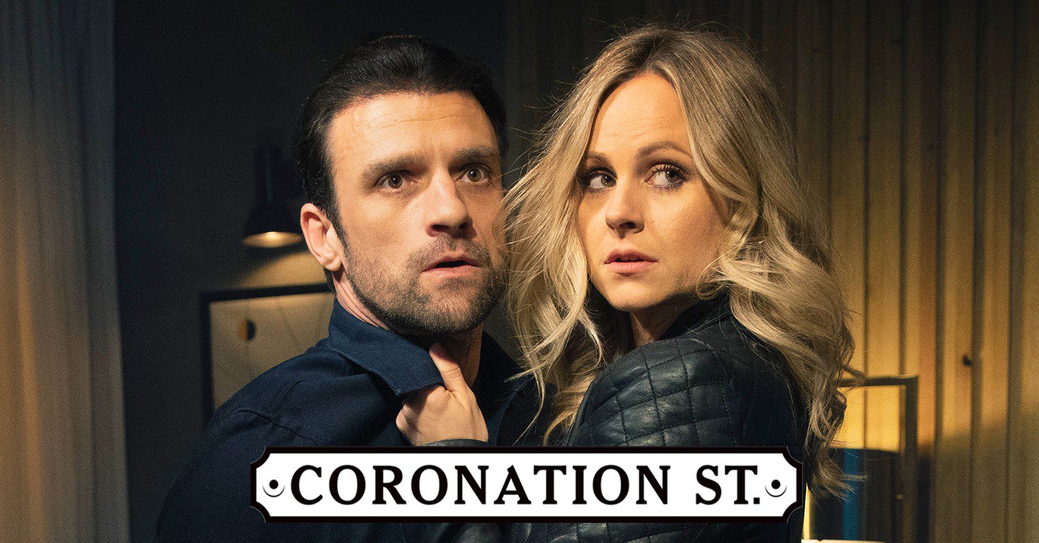 Coronation Street: Sarah and Damon are in a clinch and look away anxiously with the Coronation Street logo