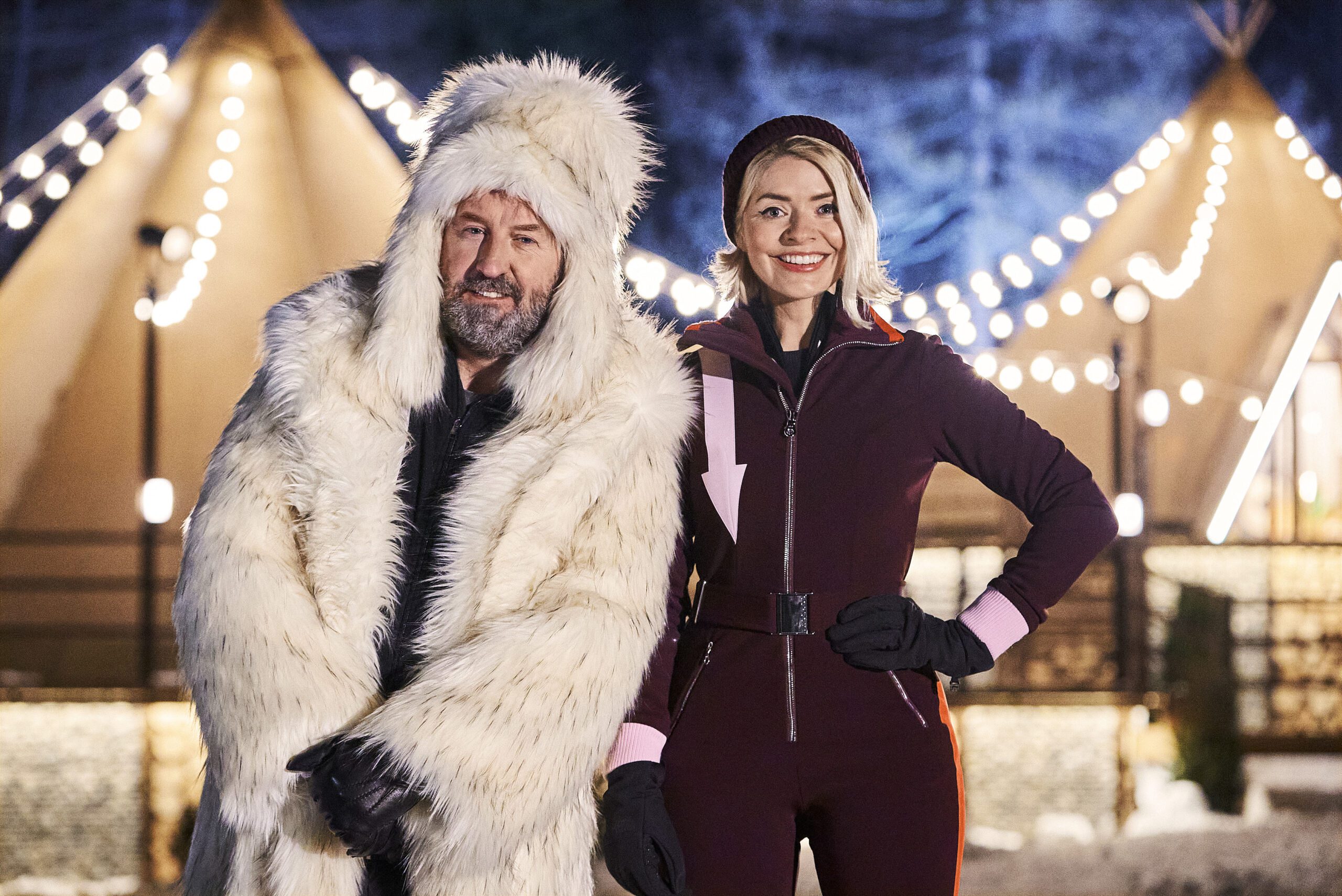Lee Mack and Holly Willoughby in winter gear for Freeze the Fear promo shot