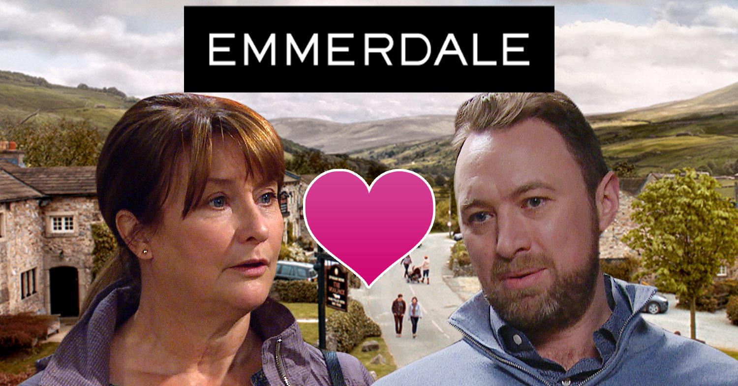 Emmerdale's Wendy, Liam, a love heart, the Emmerdale logo and background of the Dales