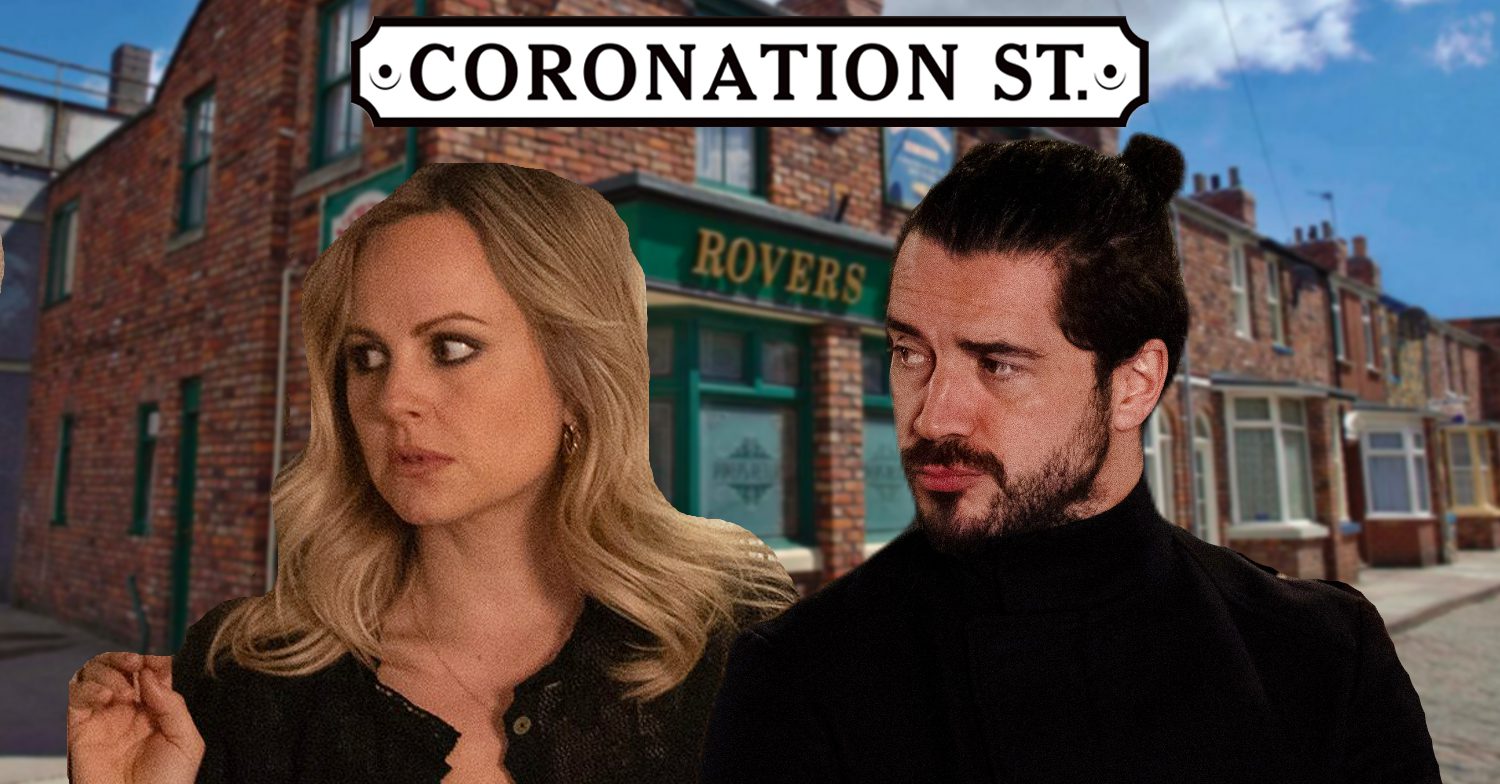 Coronation Street's Sarah and Adam are with the Coronation Street logo and background of the Rovers