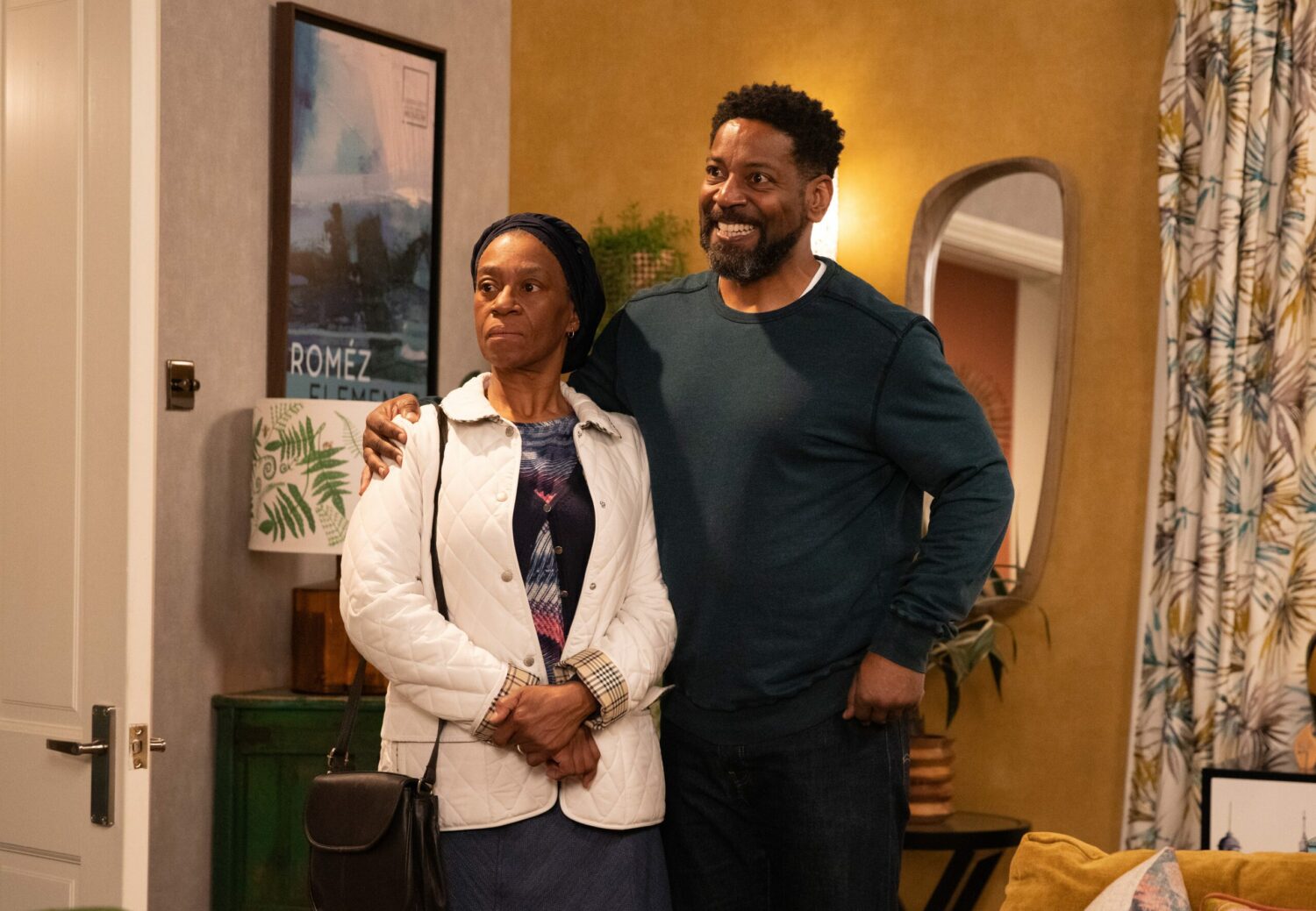 Charles standing with mum Claudette on Emmerdale