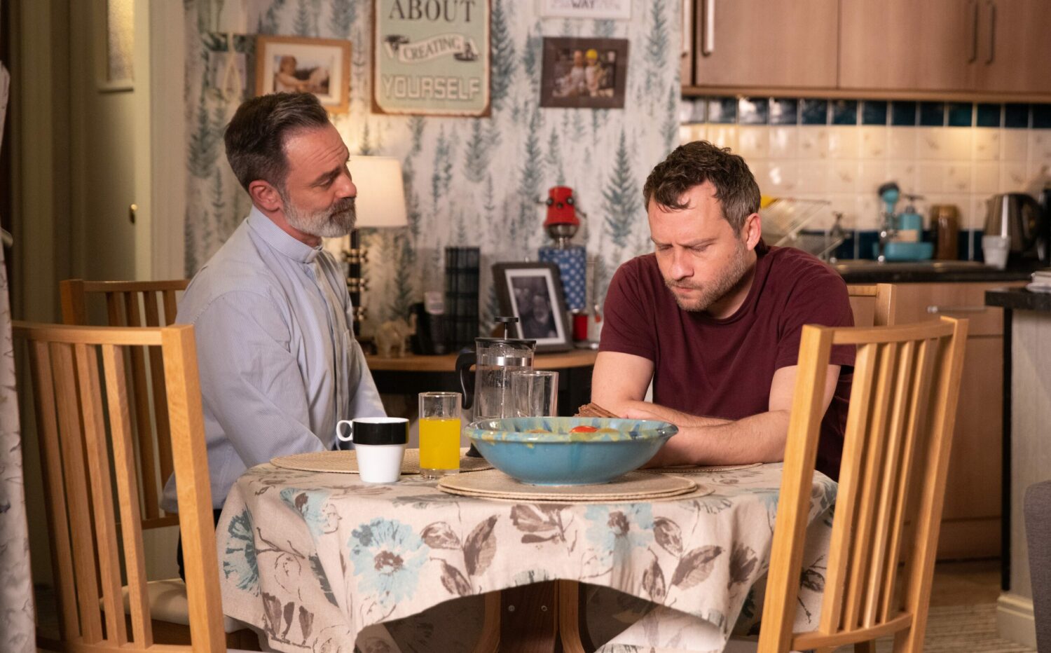 Billy Mayhew looks at Paul Foreman with concern in Corrie