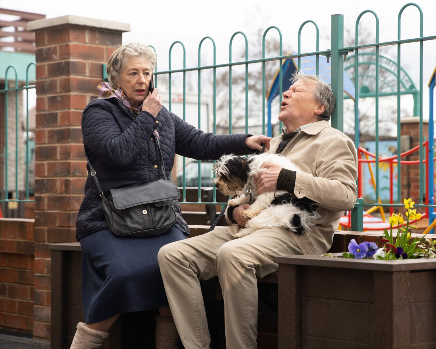 Coronation Street's Evelyn is on the phone whilst Roy is holding his dog in pain at the precinct