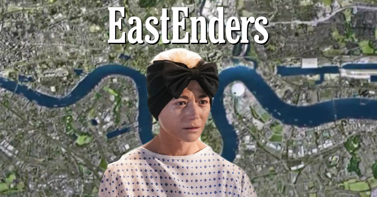 EastEnders' Lola is crying with the EastEnders logo and background of the Dales