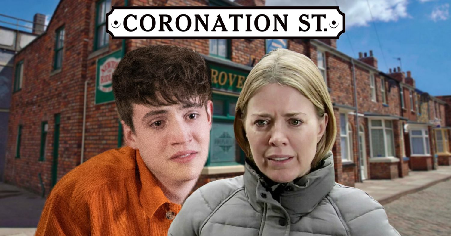 Coronation Street's Aaron, Abi, the Coronation Street logo and background of the Rovers