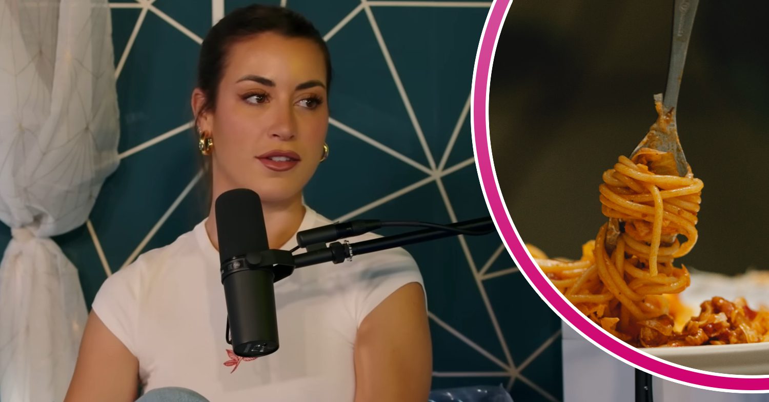 Paula Gonu speaks on podcast, image of spaghetti twirling