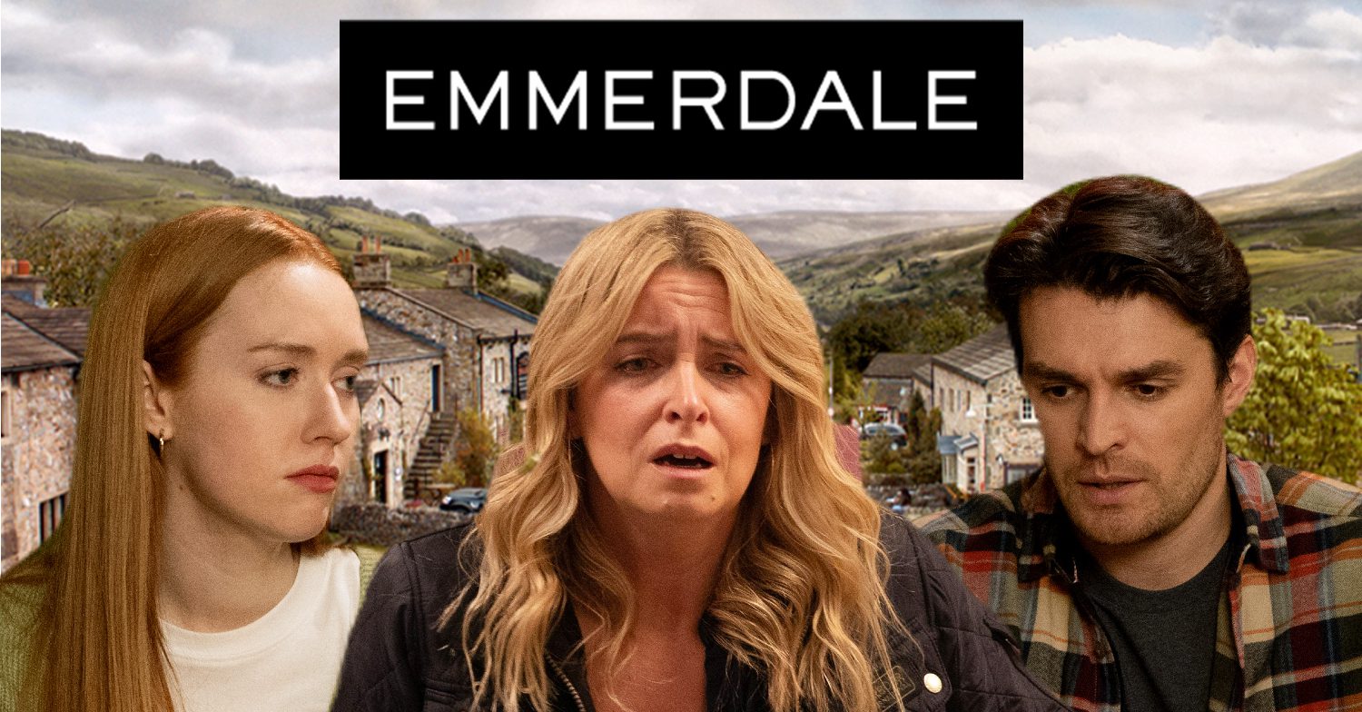 Emmerdale's Chloe, Charity, Mack, the Emmerdale logo and background of the Dales