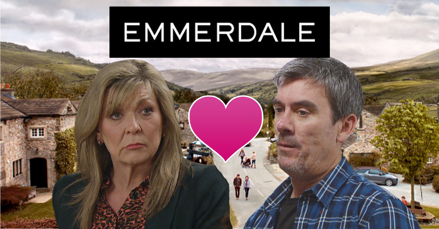 Emmerdale's Kim, Cain, a heart emoji, the Emmerdale logo and the Emmerdale background