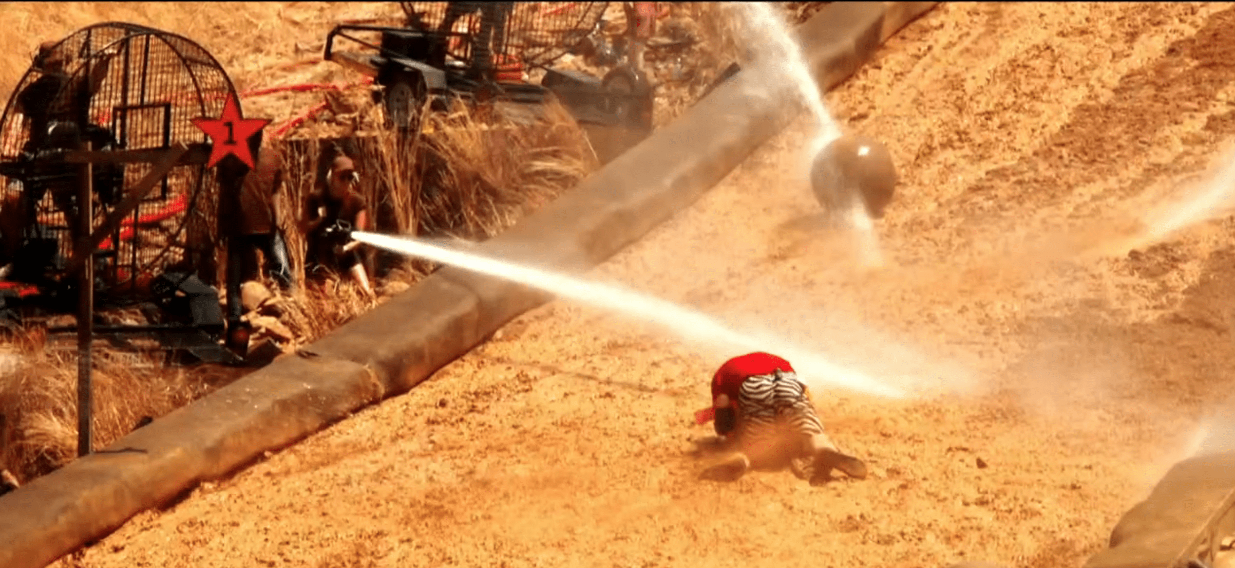 Celebrities taking part in the Cyclone challenge on I'm A Celebrity