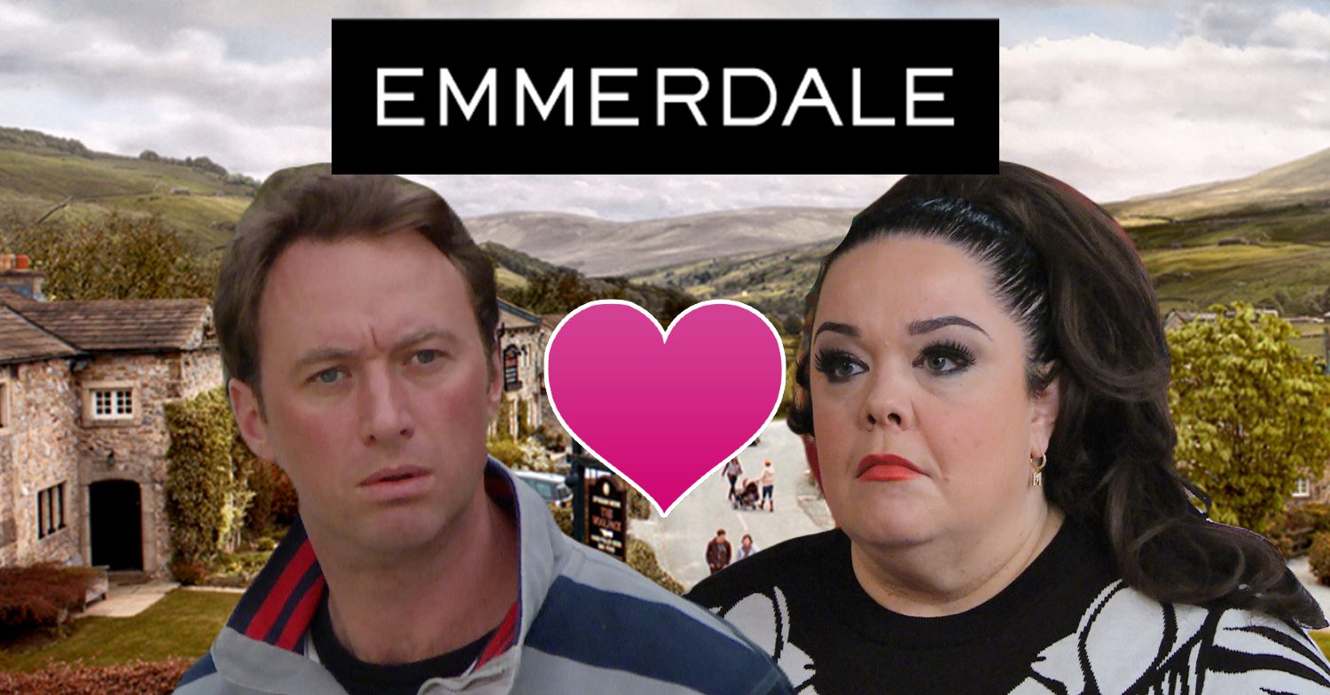 Emmerdale's Liam, Mandy, a heart emoji, the Emmerdale logo and the Emmerdale background