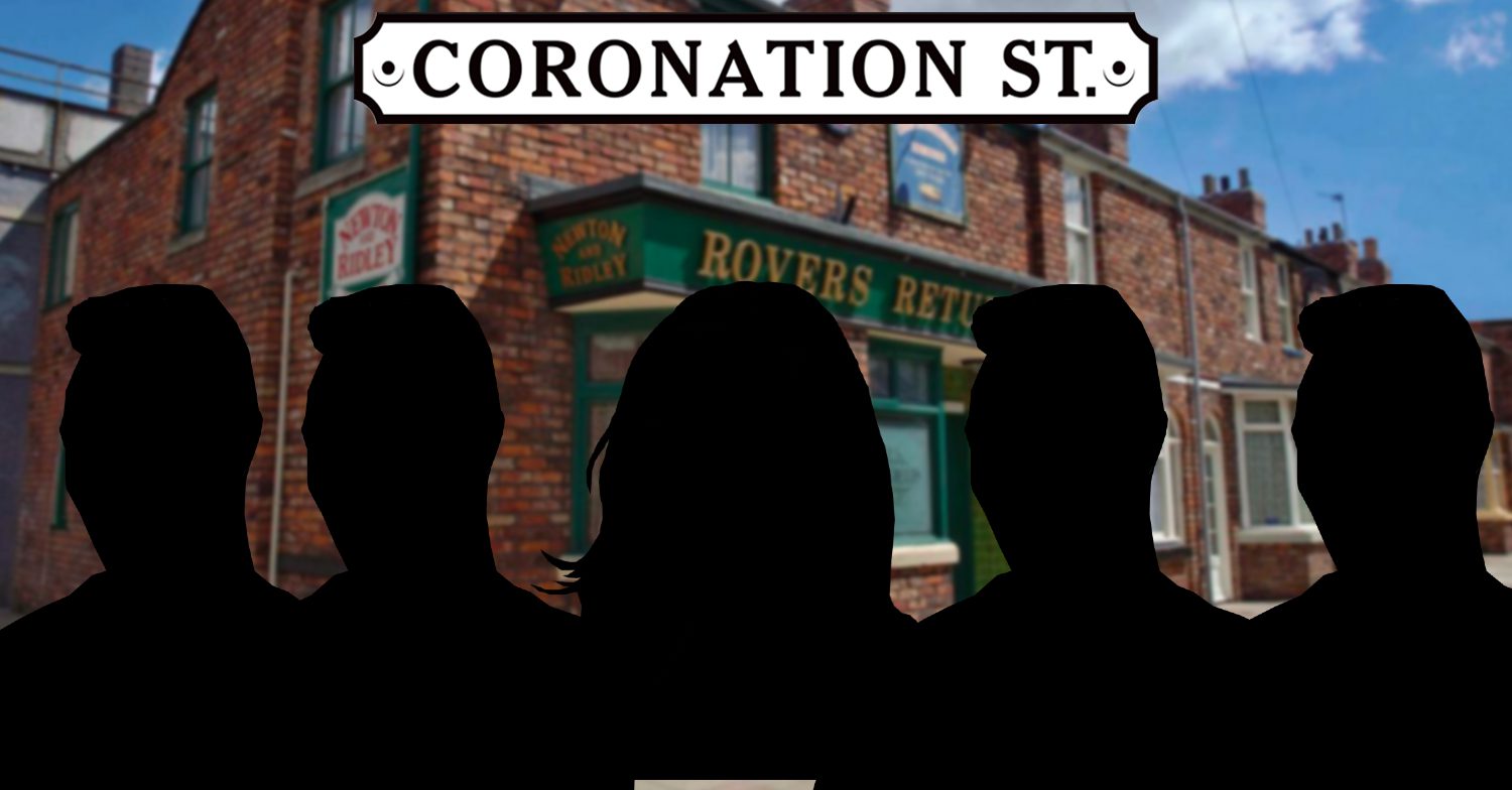 Coronation Street's logo, background of the Rovers, four male silhouettes and one female silhouette