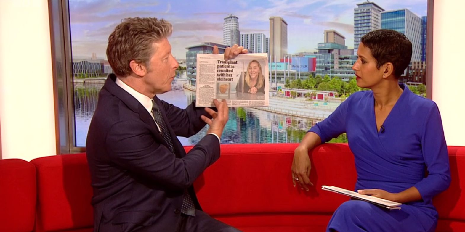 BBC Breakfast's Charlie reading co-host Naga a newspaper story about a heart transplant