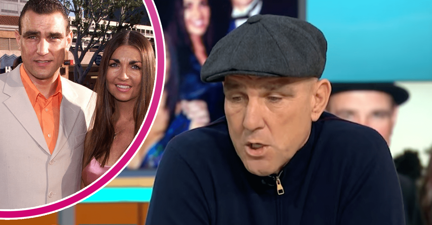 Vinnie Jones looking sad and inset with his late wife Tanya