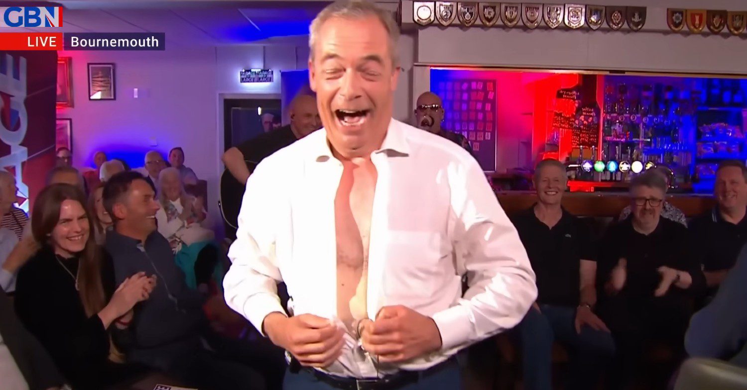 Nigel Farage undoes his shirt in a striptease