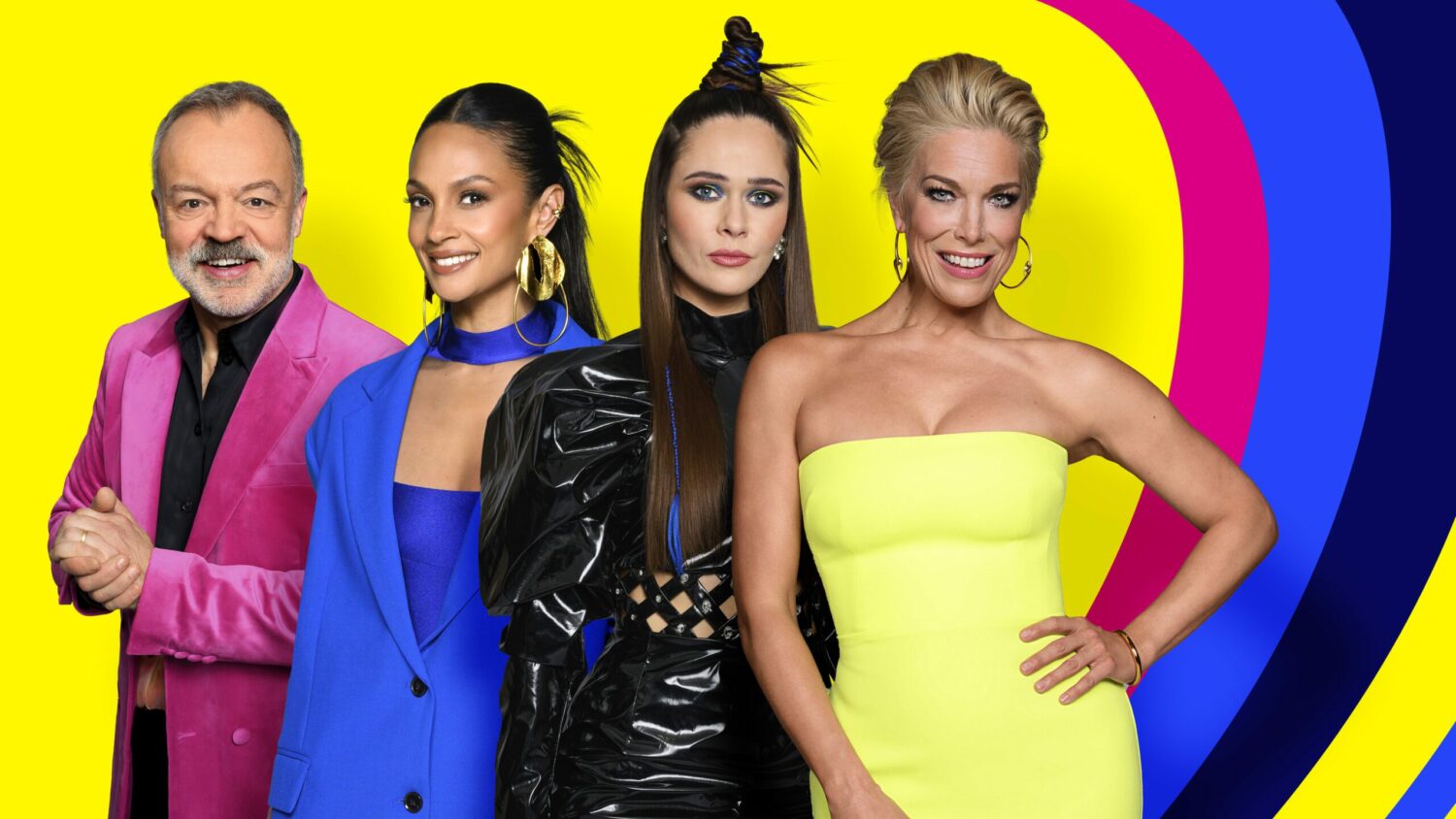 Graham Norton, Alesha Dixon, Julia Sanina and Hannah Waddingham in Eurovision press shot