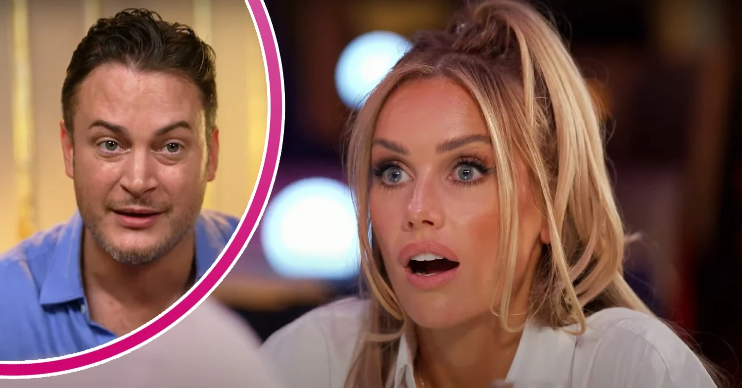 Laura Anderson looking shocked and Gary Lucy in a bubble