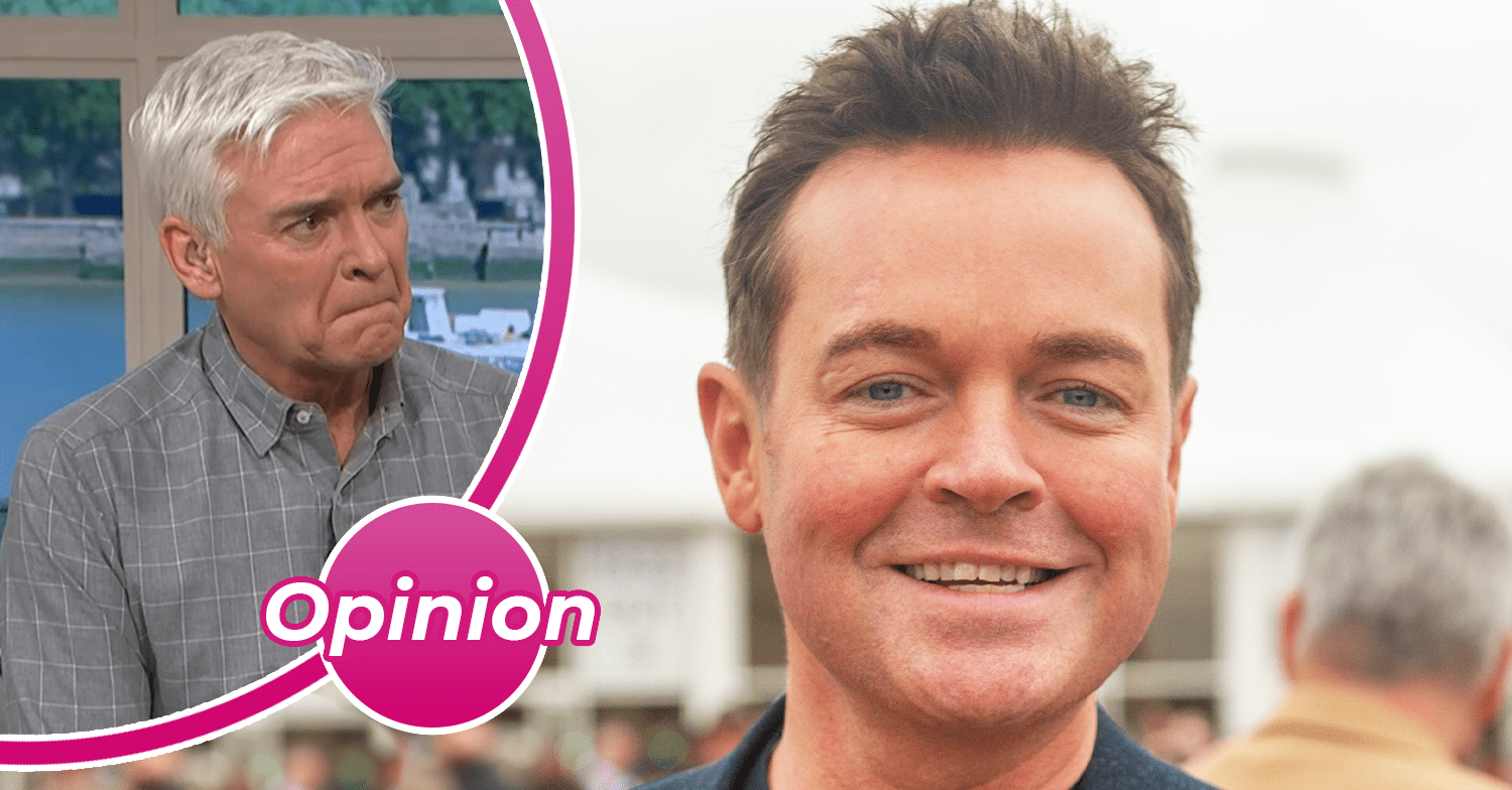 Stephen Mulhern smiling and Phillip Schofield looking annoyed