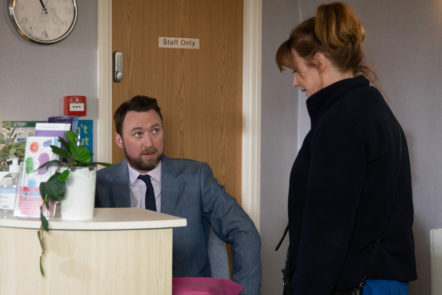 Emmerdale's Liam and Wendy are talking in the surgery