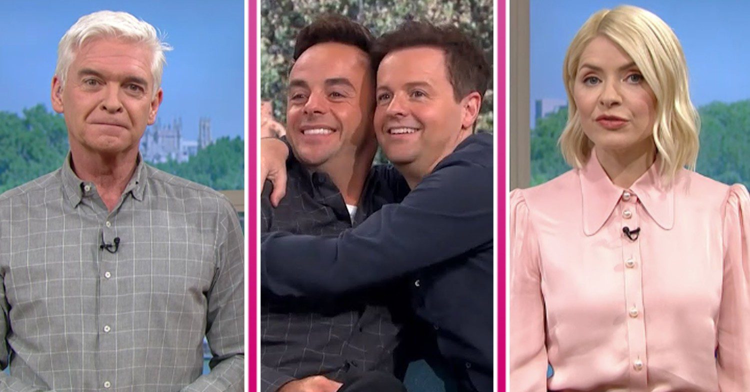Holly Willoughby and Phillip Schofield with Ant and Dec hugging