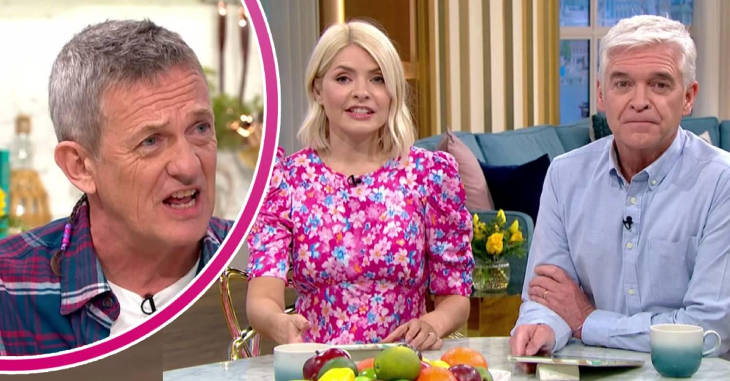 Matthew Wright looks pained, Holly Willoughby and Phillip Schofield look into the camera on This Morning today