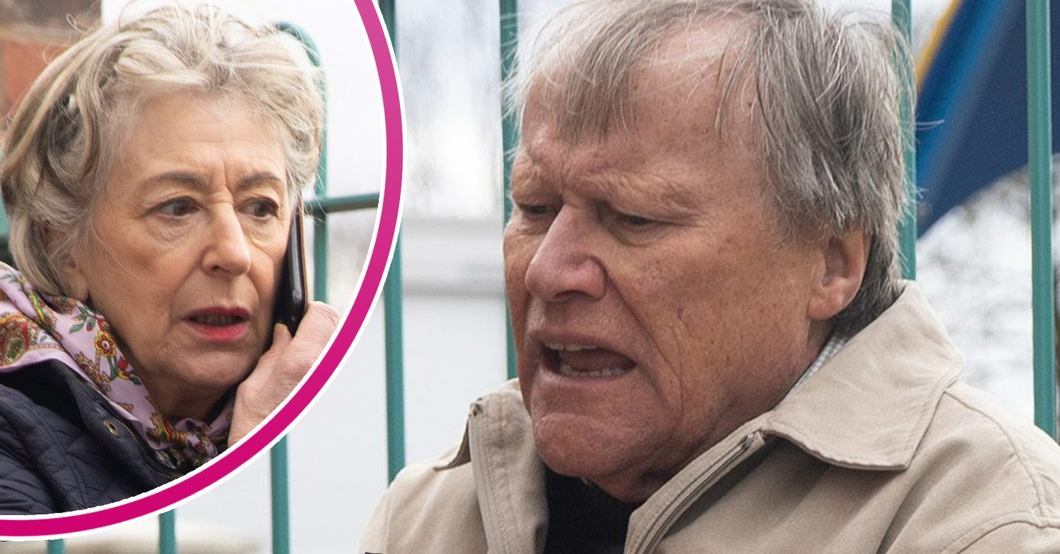 Coronation Street's Roy looks in pain and, in a bubble, is Evelyn who is on the phone worried