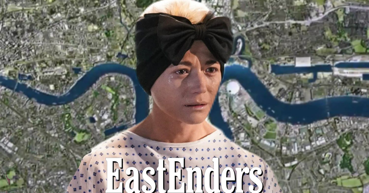 EastEnders' Lola is crying, the EastEnders logo and background on the Thames