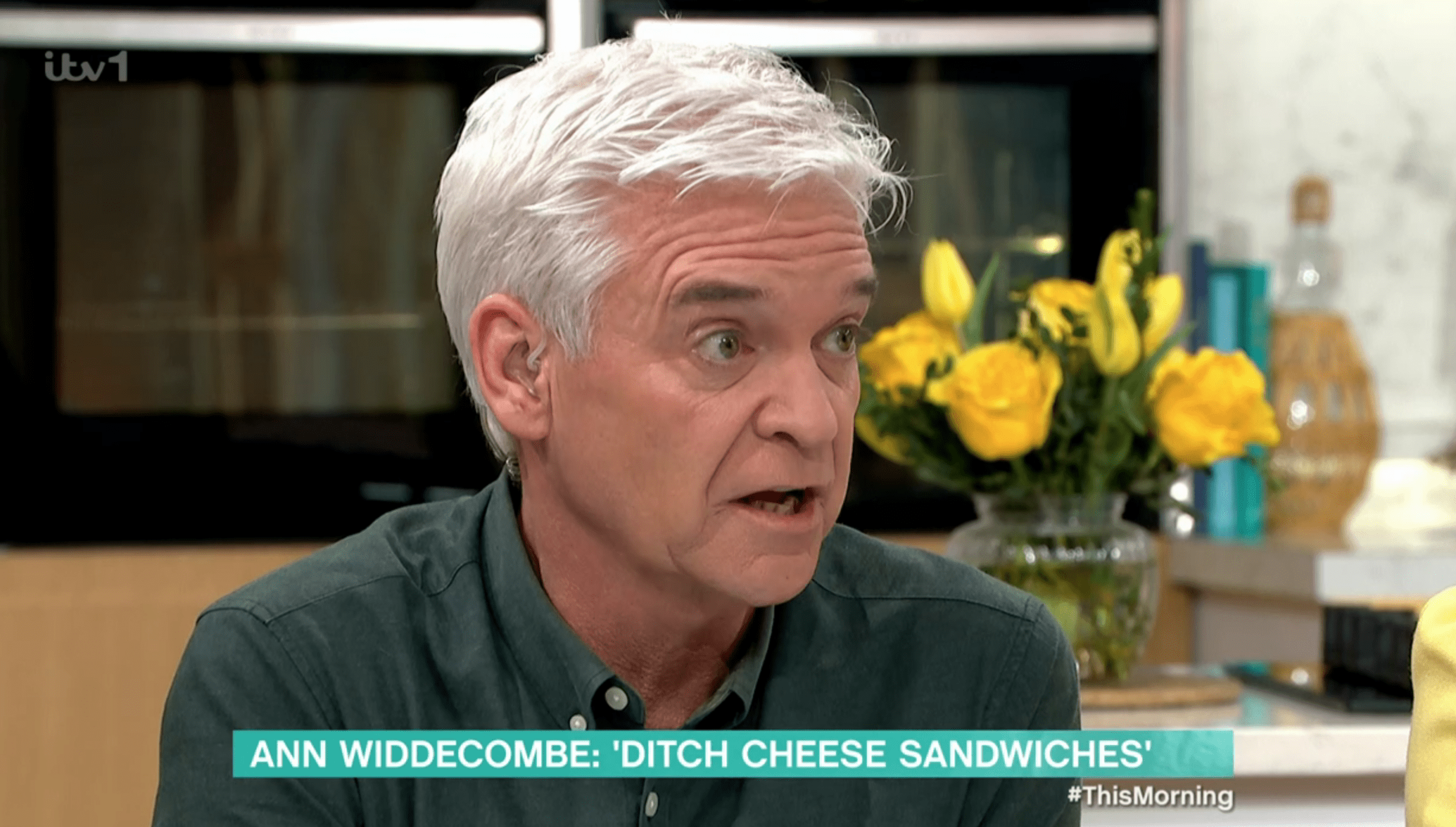 Phillip Schofield looking annoyed presenting This Morning 