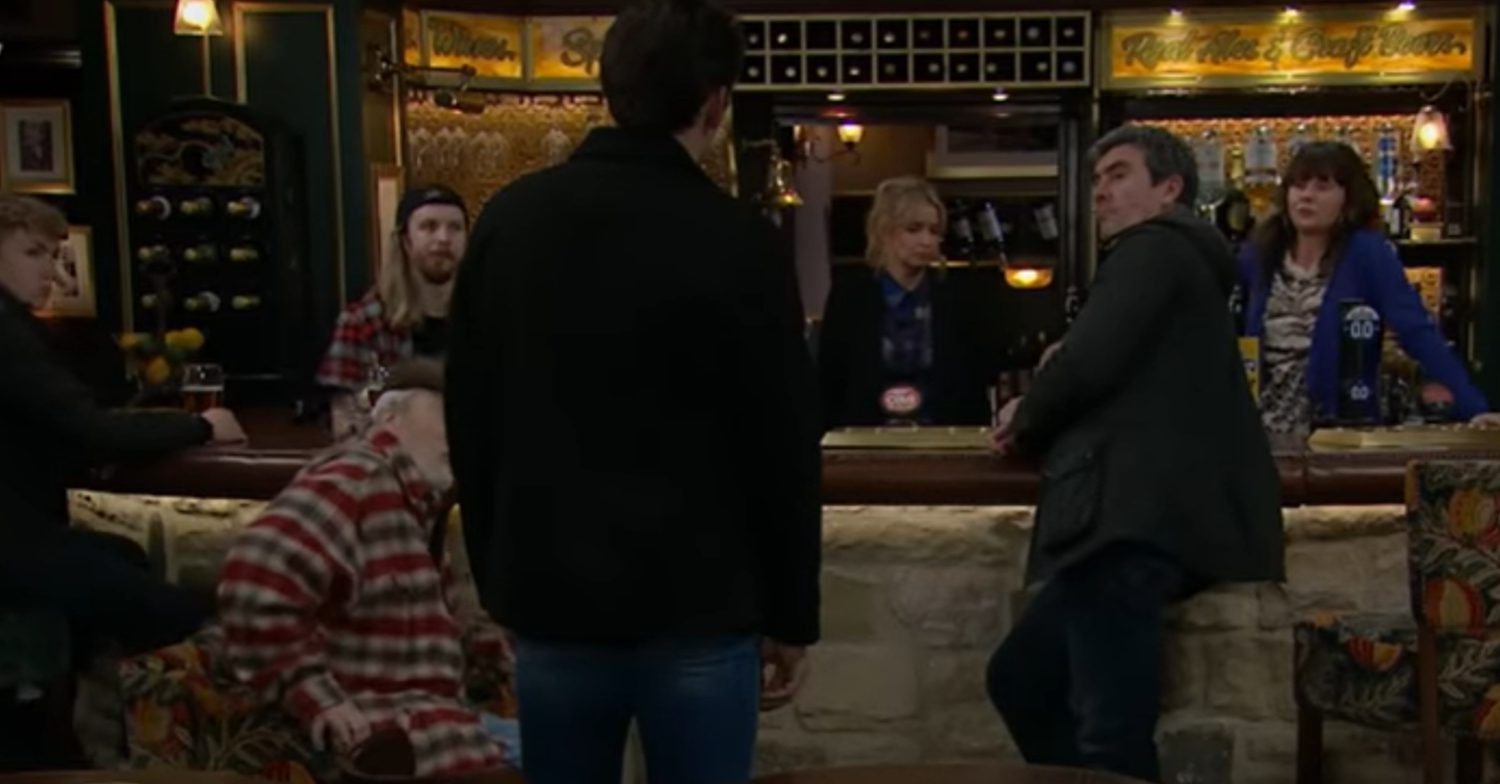 Emmerdale's Mack is being stared at by the Dingles in the Woolpack