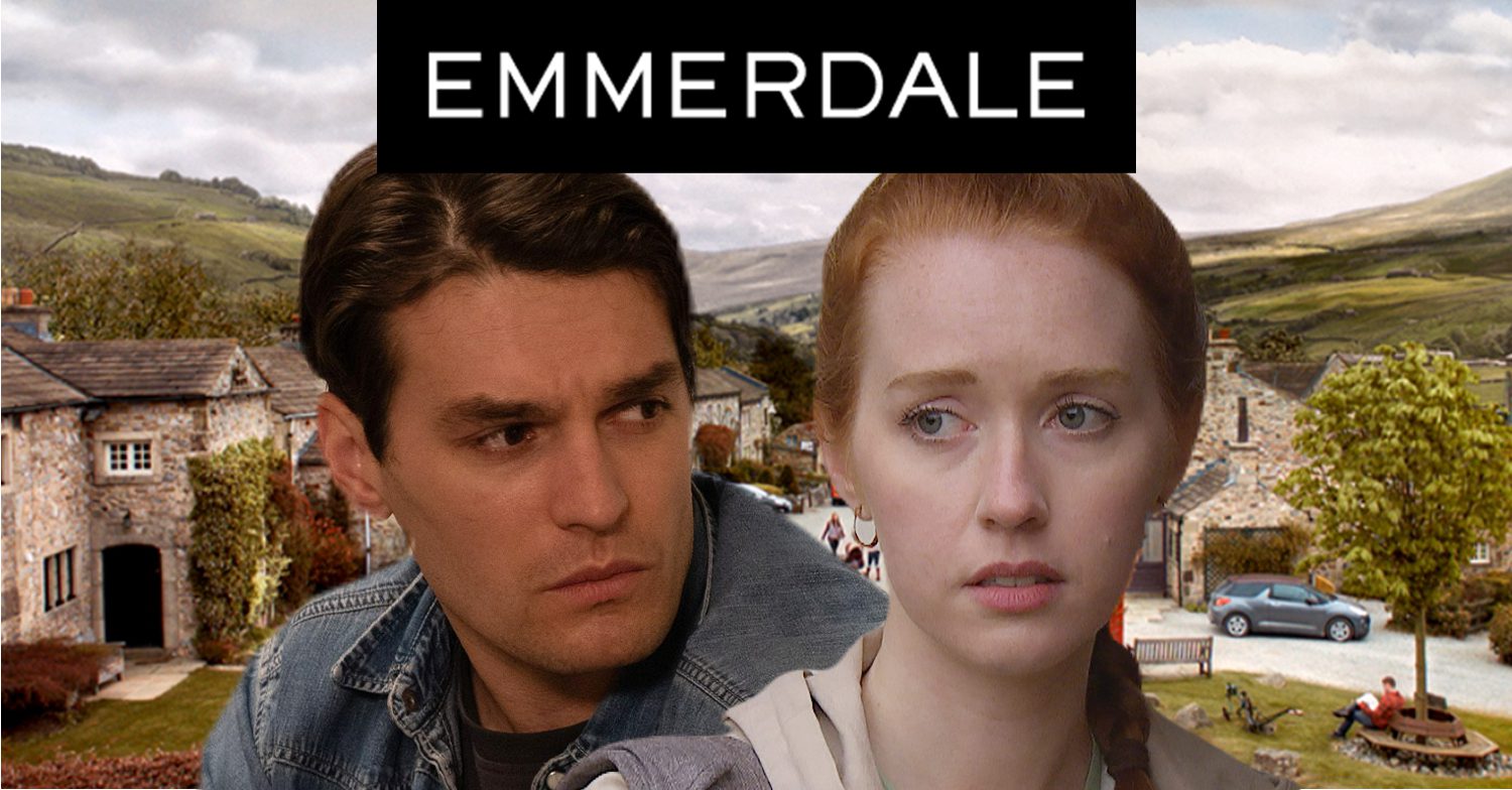 Emmerdale's Mack, Chloe, the Emmerdale logo and background of the Dales