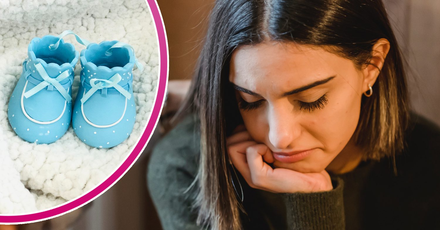 Woman frowns/ blue baby shoes