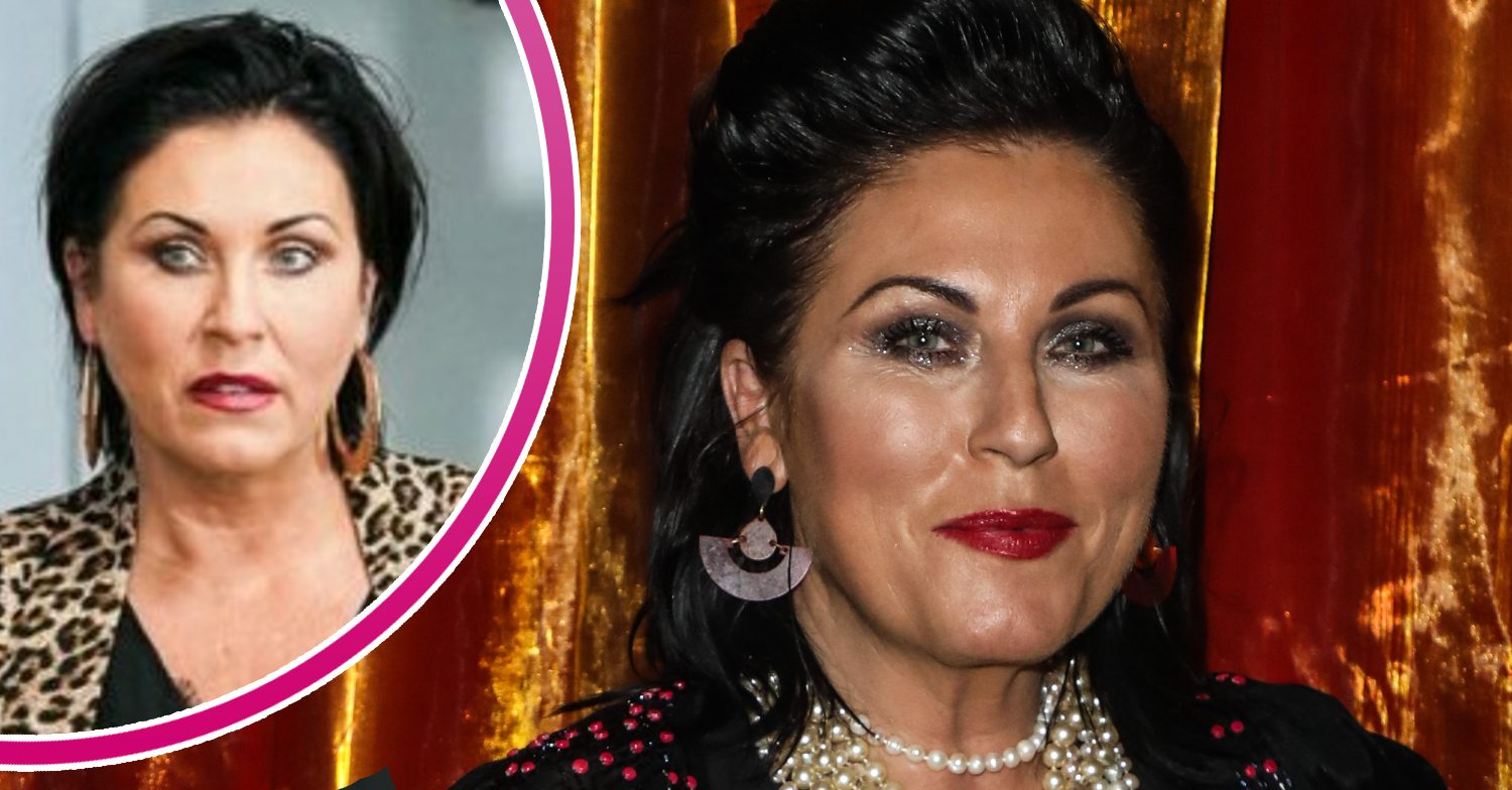 EastEnders' Jessie Wallace is smiling on the red carpet and, in a bubble, is Kat Mitchell