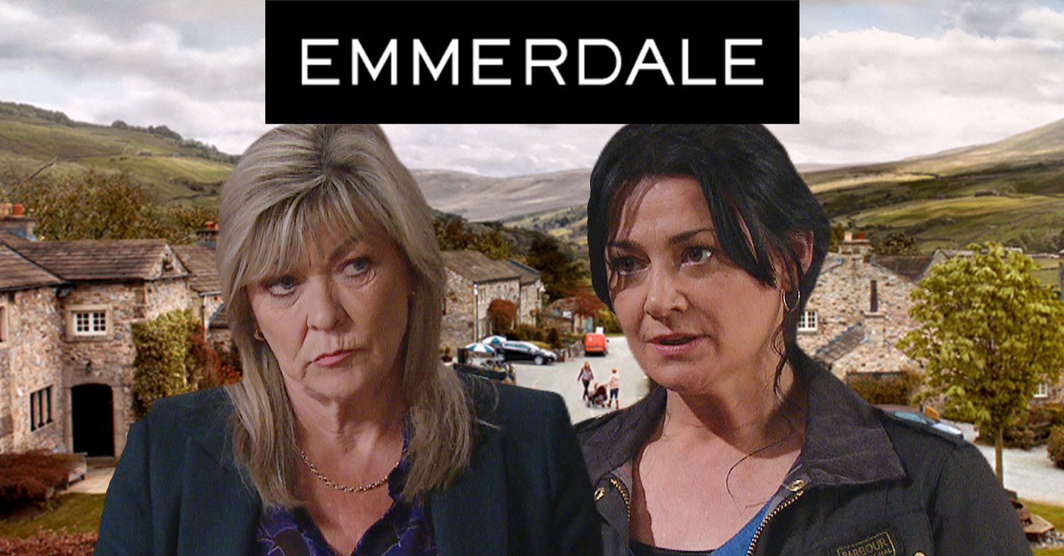 Emmerdale's Kim, Moira, the Emmerdale logo and background of the Dales