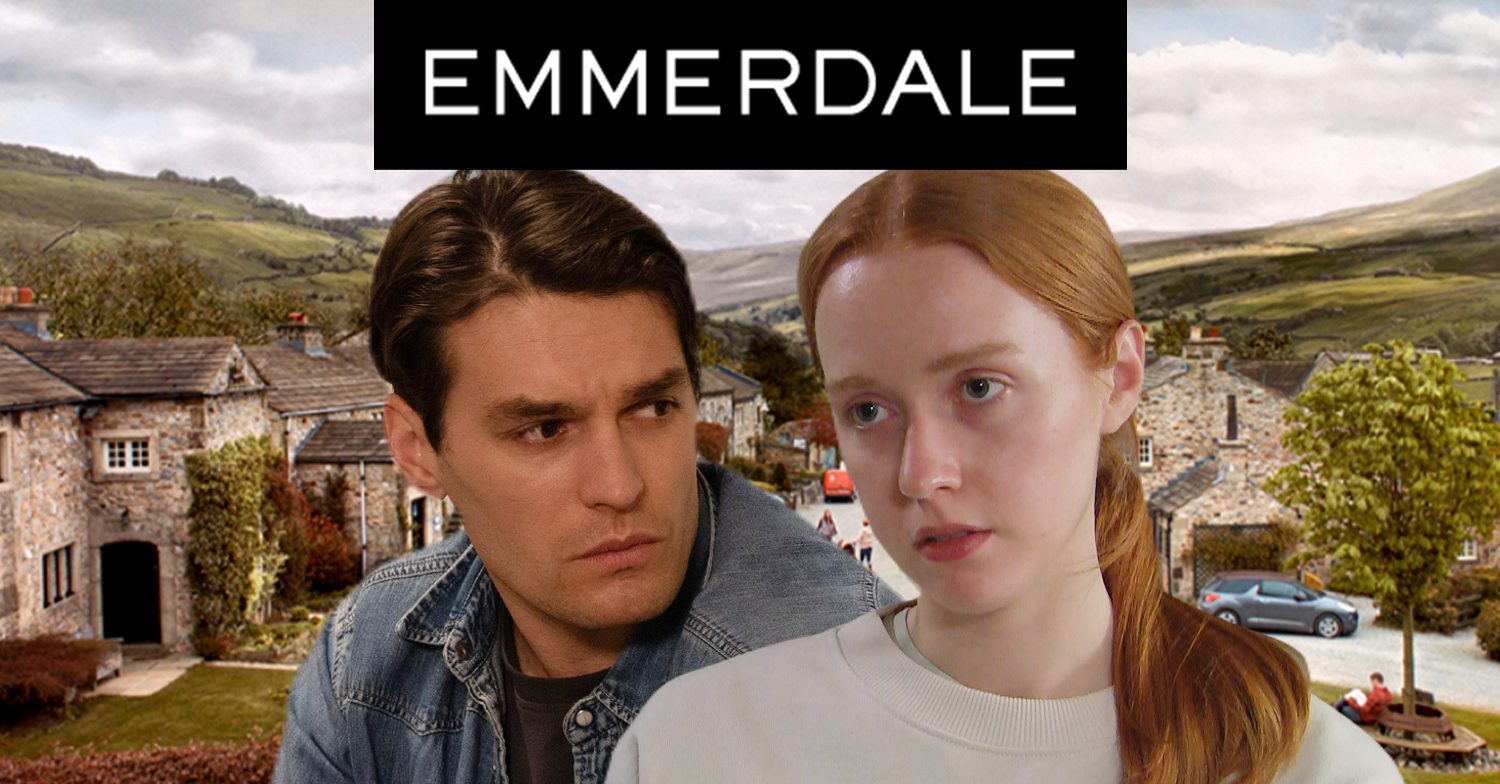 Emmerdale's Mack, Chloe, the Emmerdale logo and a background of the Dales