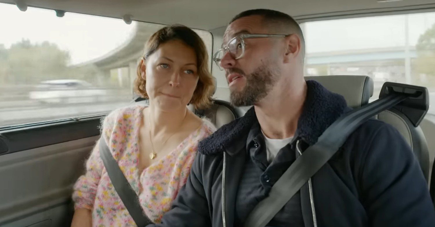 Matt and Emma Willis in a car looking sad
