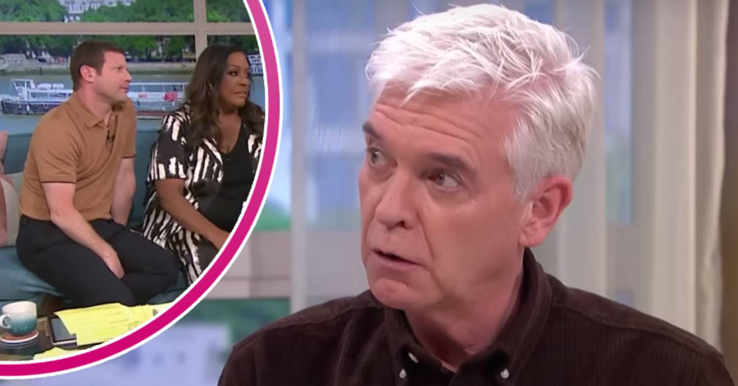 Phillip Schofield looks shocked, Dermot O'Leary and Alison Hammond listen to This Morning news