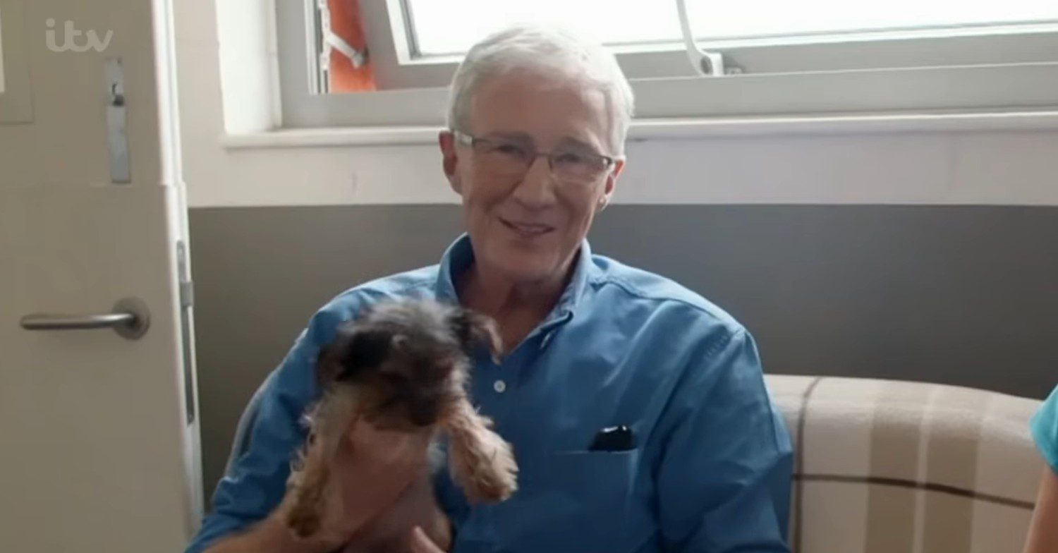 Paul O'Grady cuddling dog on For the Love of Dogs