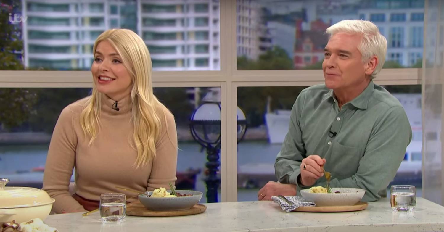 Former co-hosts Holly Willoughby and Phillip Schofield tuck in during a visit to the This Morning kitchen