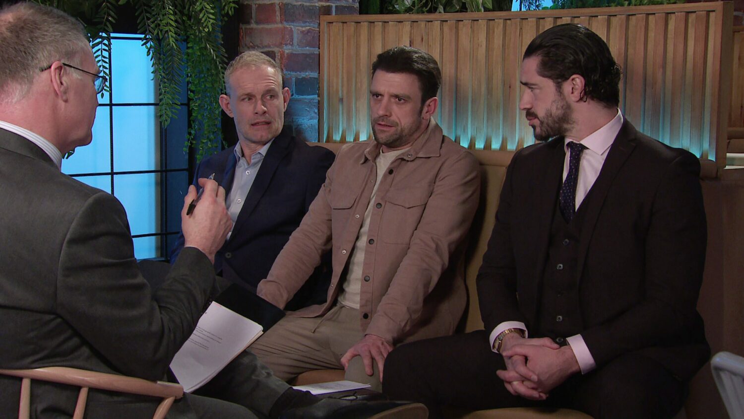 Nick Tilsley, Damon Hay and Adam Barlow look anxious as the councillor grills them