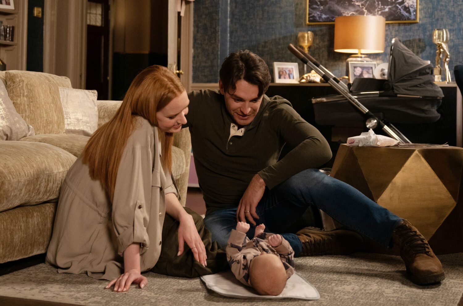 Chloe and Mack in Emmerdale smile as they coo over baby Reuben