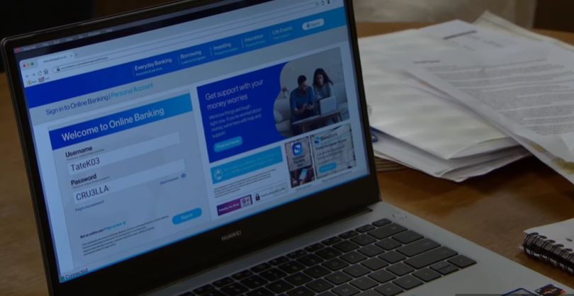 A computer screen displaying Kim Tate's username and password on Emmerdale