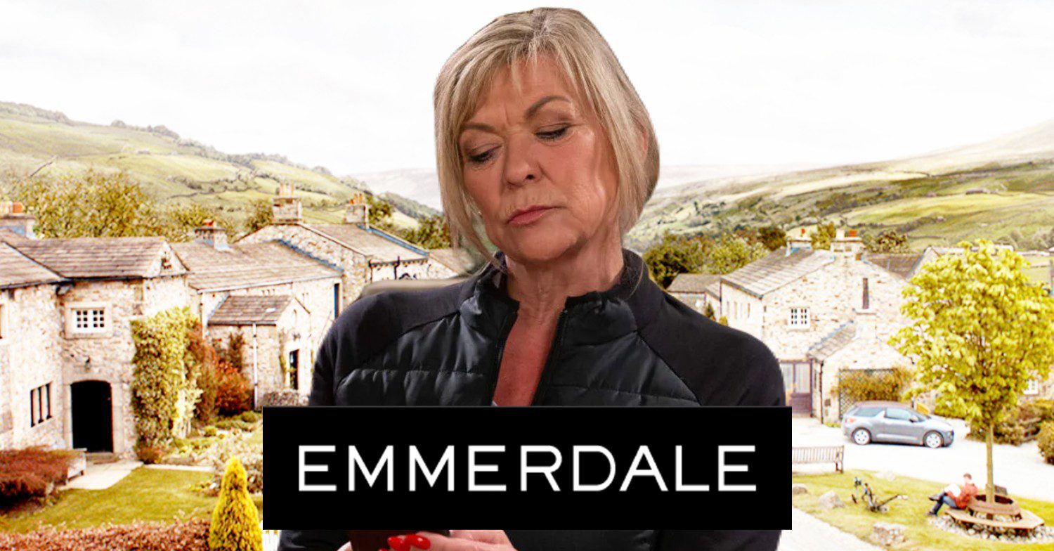 Kim on her phone in Emmerdale; inset, show logo and village background (Credit: ITV/Composite: ED!)