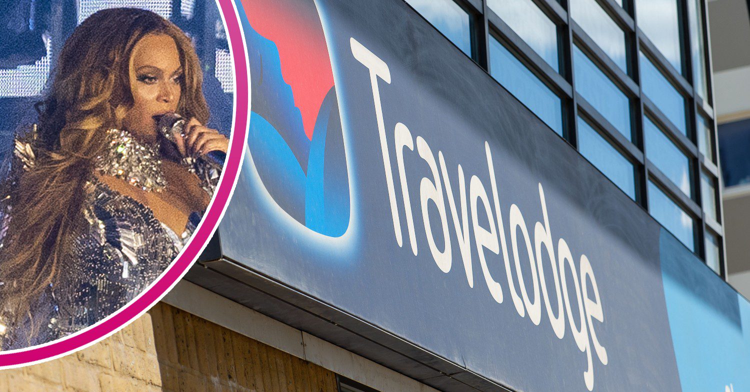 Beyonce singing during tour and Travelodge logo
