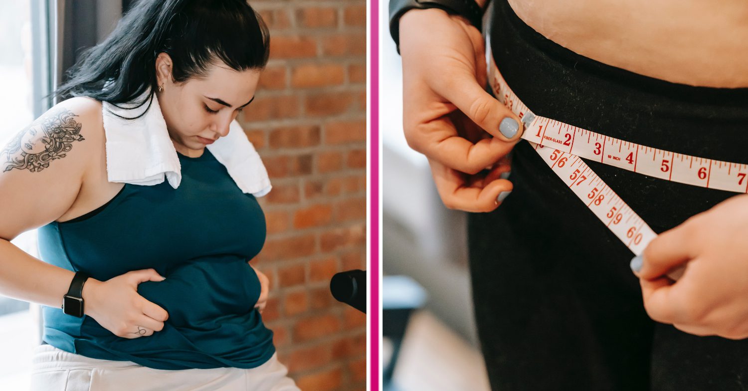 Woman holding onto stomach, measuring waist