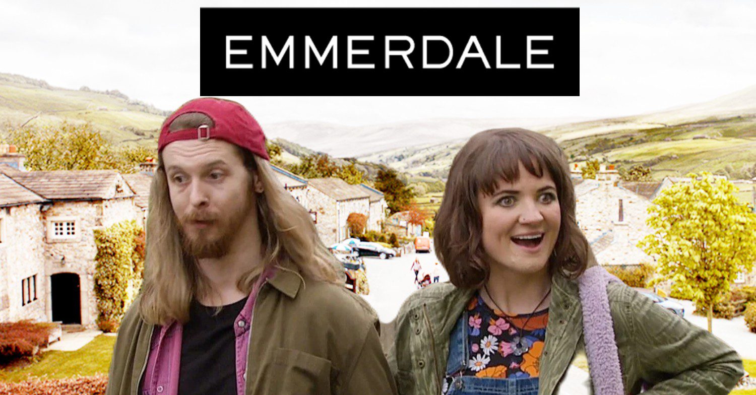 Ryan and Gail looking happy together on Emmerdale; composite village background and show logo (Credit: ITV/Composite: ED!)
